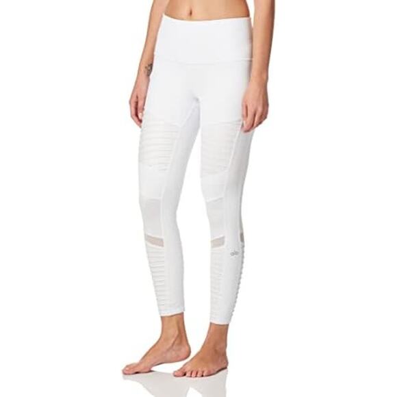 ALO Yoga Pants - Alo Yoga 7/8 High Waist Moto Leggings Mesh Pleated Elastic Waist White Small